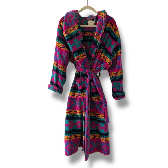 Vintage 90s TJ Lawford Colorful Southwestern Terry Robe Unisex Size Medium Aztec - Picture 1 of 16